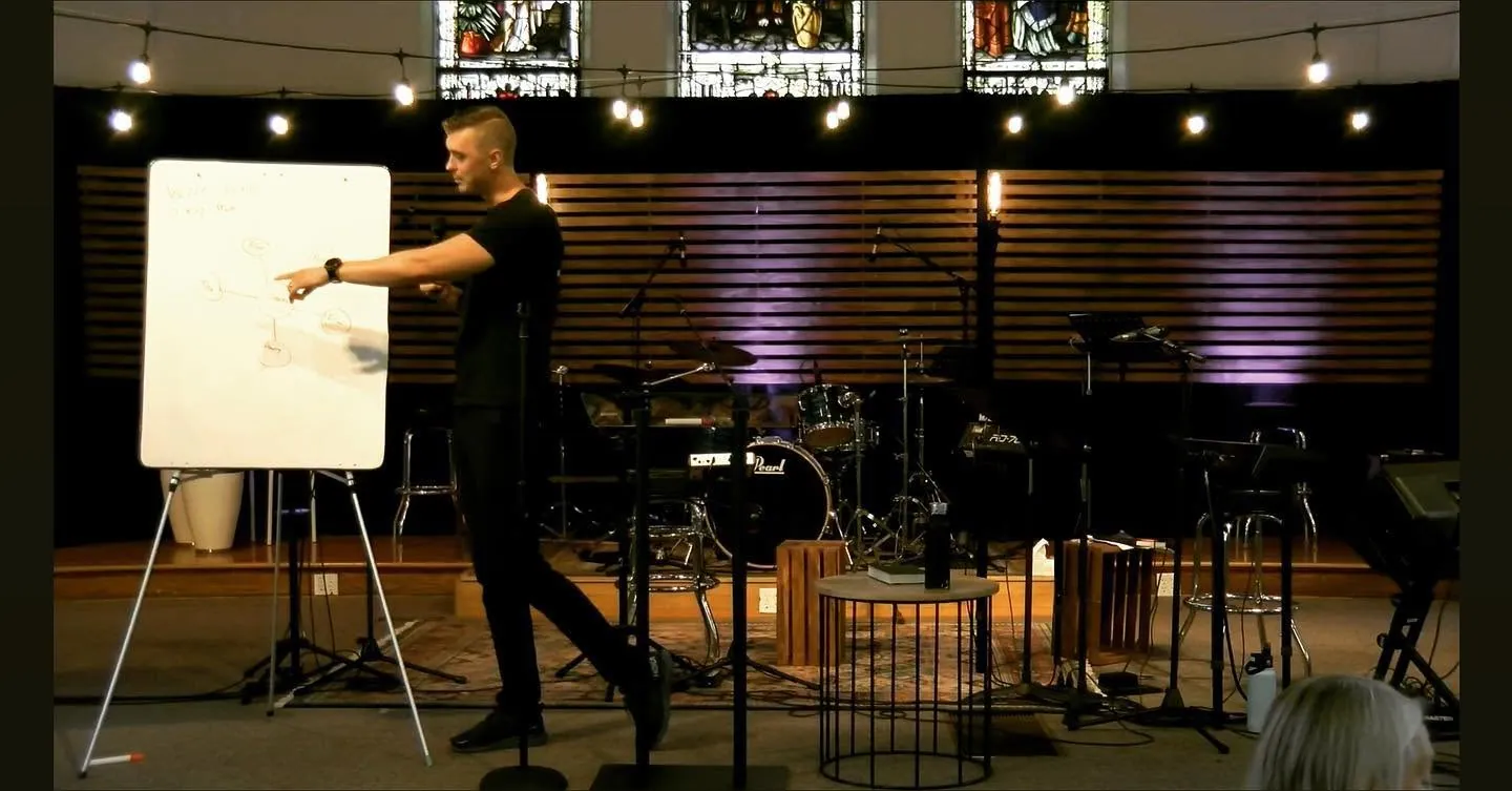 Teaching discipleship from a whiteboard at a church gathering